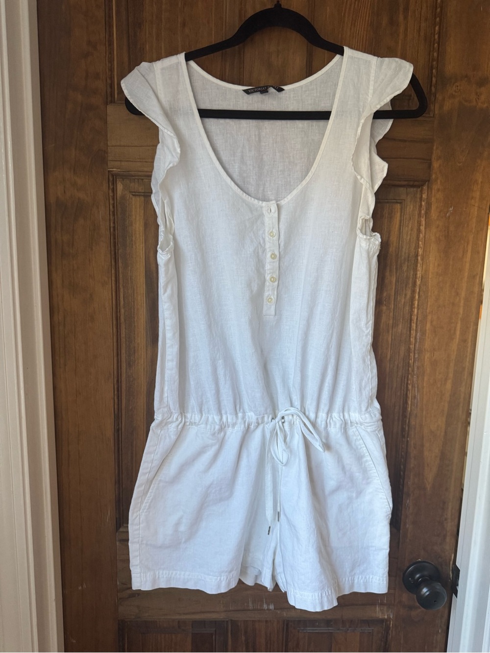Victoria's Secret White Linen-Blend Sleeveless Tie-Waist Romper Linen Cotton